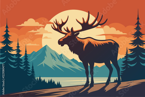 silhouette of elk in the forest at sunset, vector illustration