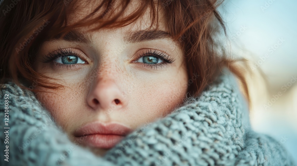 A stunning close-up of a woman wrapped in a cozy scarf amidst a winter landscape, highlighting her captivating expression and the chill in the air. A stunning close-up of a woman wrapped in a cozy scarf amidst a winter landscape, highlighting her captivating expression and the chill in the air.