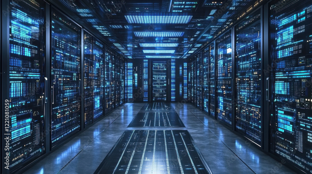 Fototapeta premium modern data center with rows of servers and glowing lights creates high tech atmosphere