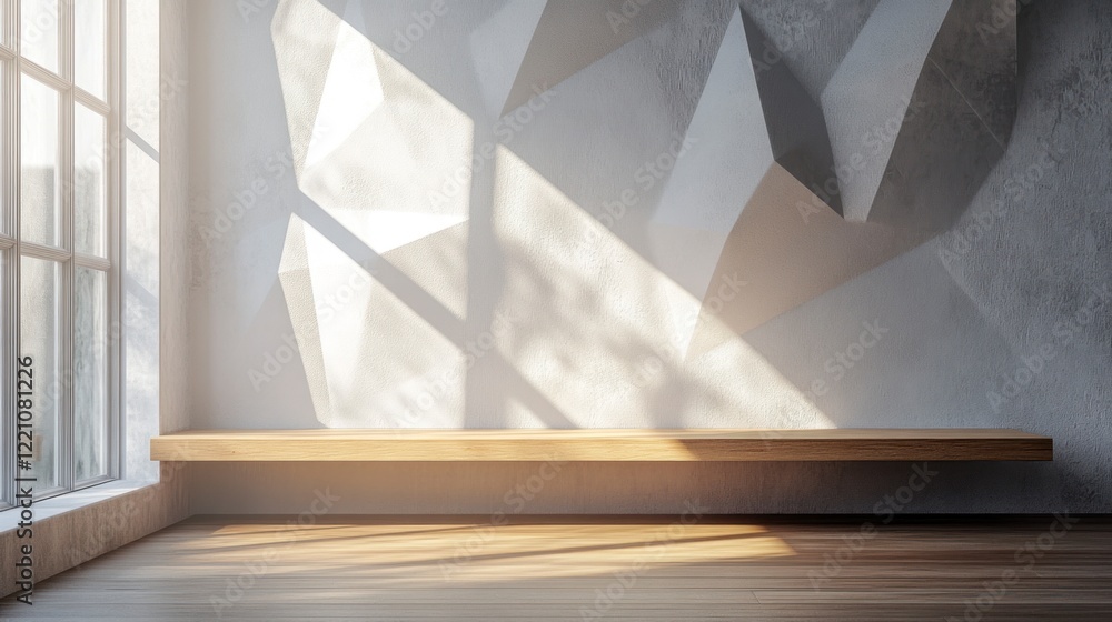 Wooden bench in front of a window with soft light creating an elegant abstract stage atmosphere Wooden bench in front of a window with soft light creating an elegant abstract stage atmosphere