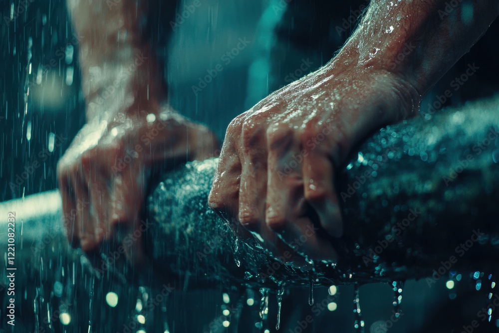 Fototapeta premium Strong hands gripping a wet rope during an intense workout session.