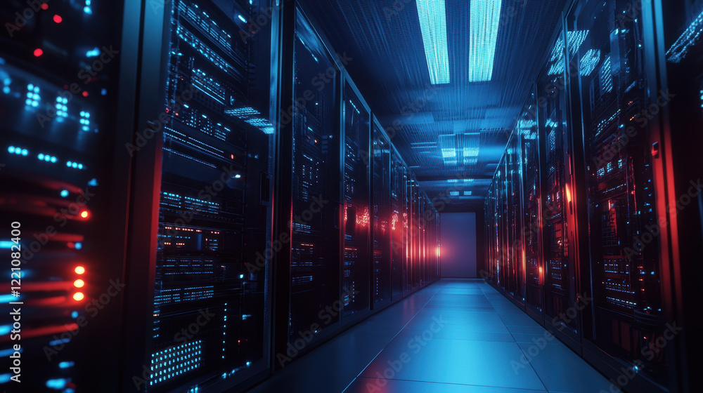 wide angle view of data center with illuminated server racks, showcasing technology and power wide angle view of data center with illuminated server racks, showcasing technology and power