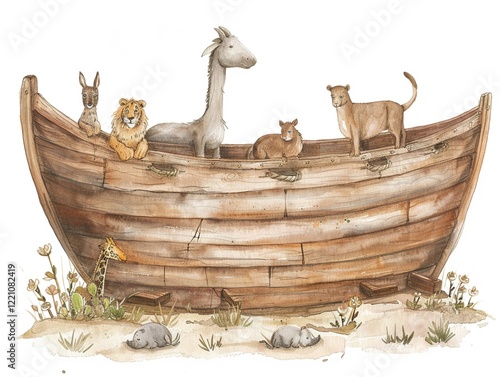 Watercolor clipart of a wooden Noahs Ark detailed with animals peeking out