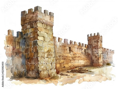 Watercolor clipart of ancient city walls detailed stones and ramparts
