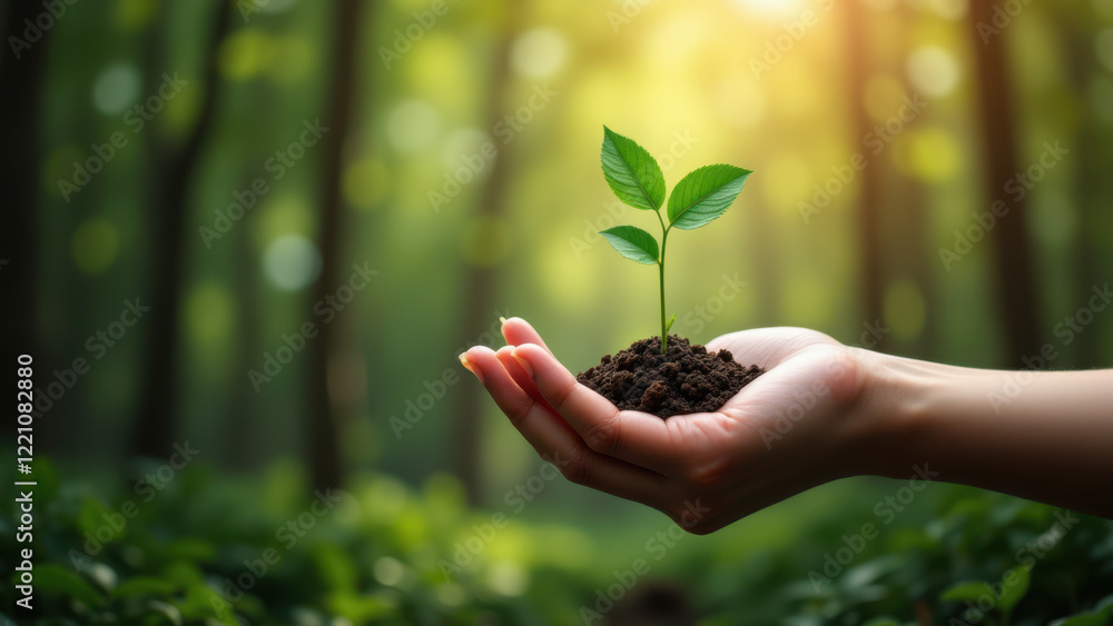 A hand nurturing a seedling sprout within a palm. An emblem of growth and care for nature. A hand nurturing a seedling sprout within a palm. An emblem of growth and care for nature.