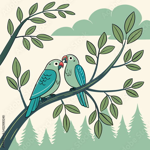 A pair of lovebirds sitting on a branch vector illustration