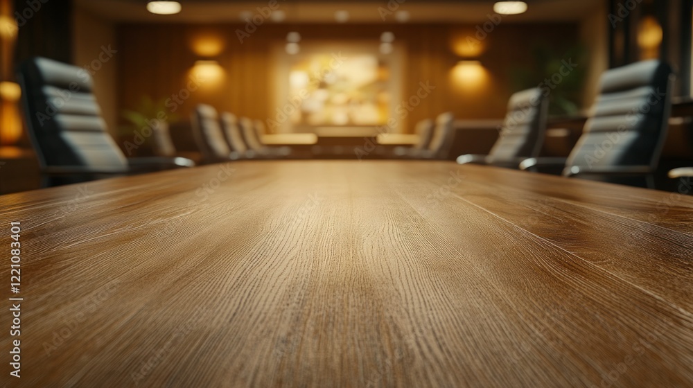 Wooden table surface with blurred office interior and chairs in the background Wooden table surface with blurred office interior and chairs in the background