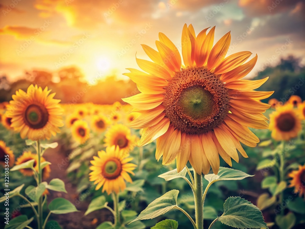 Obraz premium Vintage Sunflower Garden, White Background - Retro Summer Floral Photography