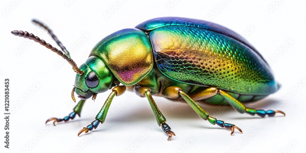 Fototapeta premium Vibrant Green Mint Leaf Beetle on White Background - Macro Stock Photo