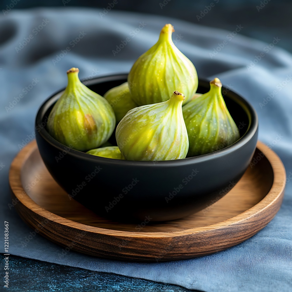 Fototapeta premium Fresh green figs in a bowl on a blue background. Selective focus.