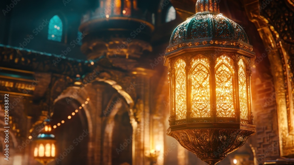 Obraz premium Ornate Lantern Illuminates Ancient Mosque Interior