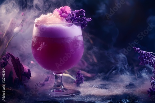 A Purple Cocktail Garnishes With Flowers In Smoky Setting photo