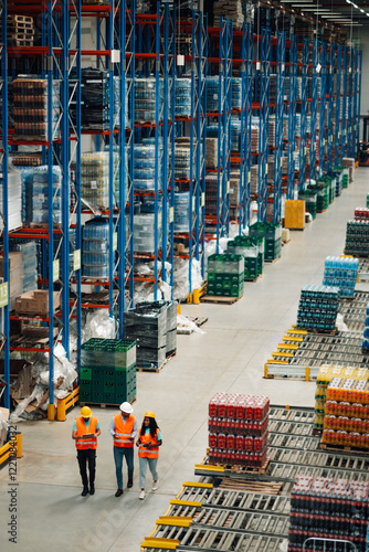 Quadro su tela Warehouse workers walking and controlling inventory with digital tablets and wal