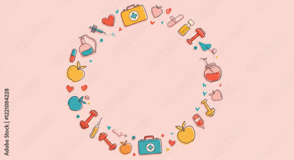 Circle made of health and medical illustrations on pink background Circle made of health and medical illustrations on pink background