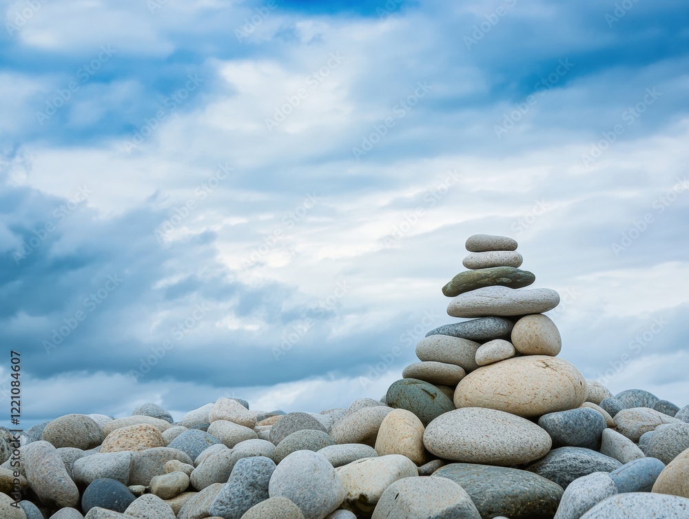 Balancing Blue Pebbles on Beach Shore Under Sunny Sky Balancing Blue Pebbles on Beach Shore Under Sunny Sky