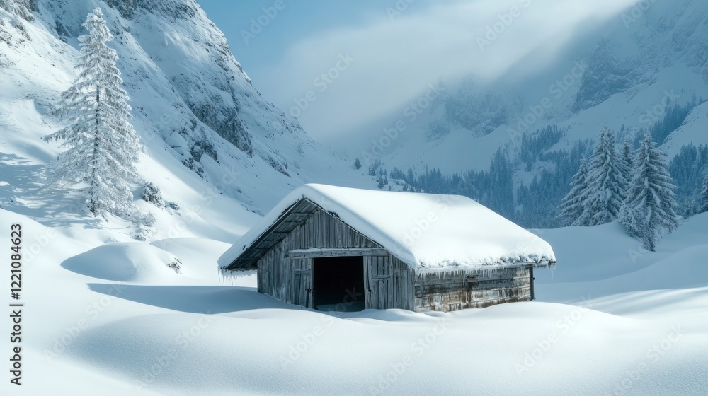Snow covered cabin nestled in a winter mountain valley Snow covered cabin nestled in a winter mountain valley