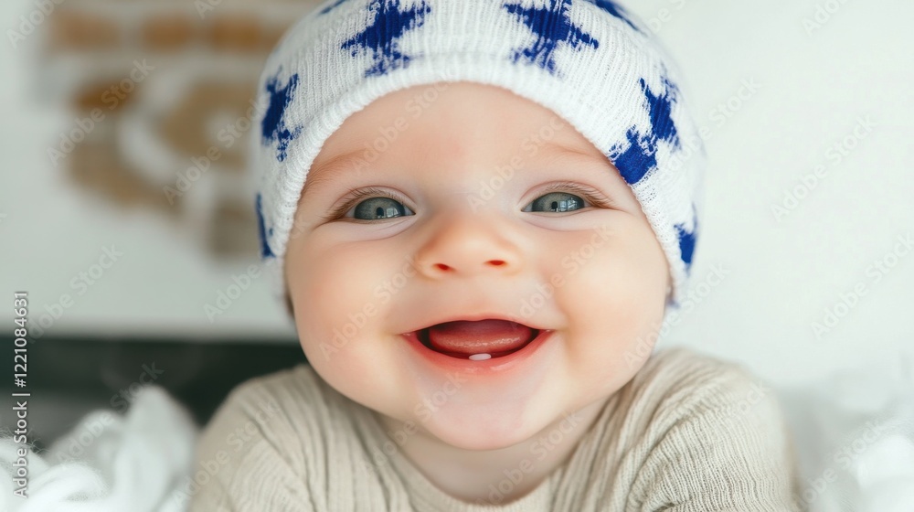 A delightful baby wearing a playful hat beams with joy, showcasing an infectious smile that radiates warmth, happiness, and innocence in a heartwarming moment.