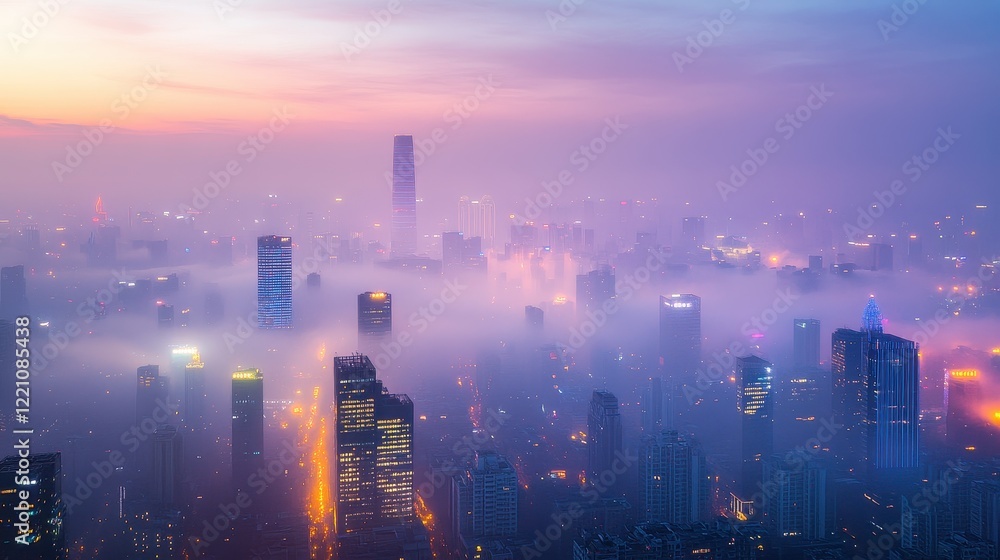 Fototapeta premium Dense smog covering a futuristic city skyline, vibrant neon lights piercing through the haze, [air quality], [urban pollution].