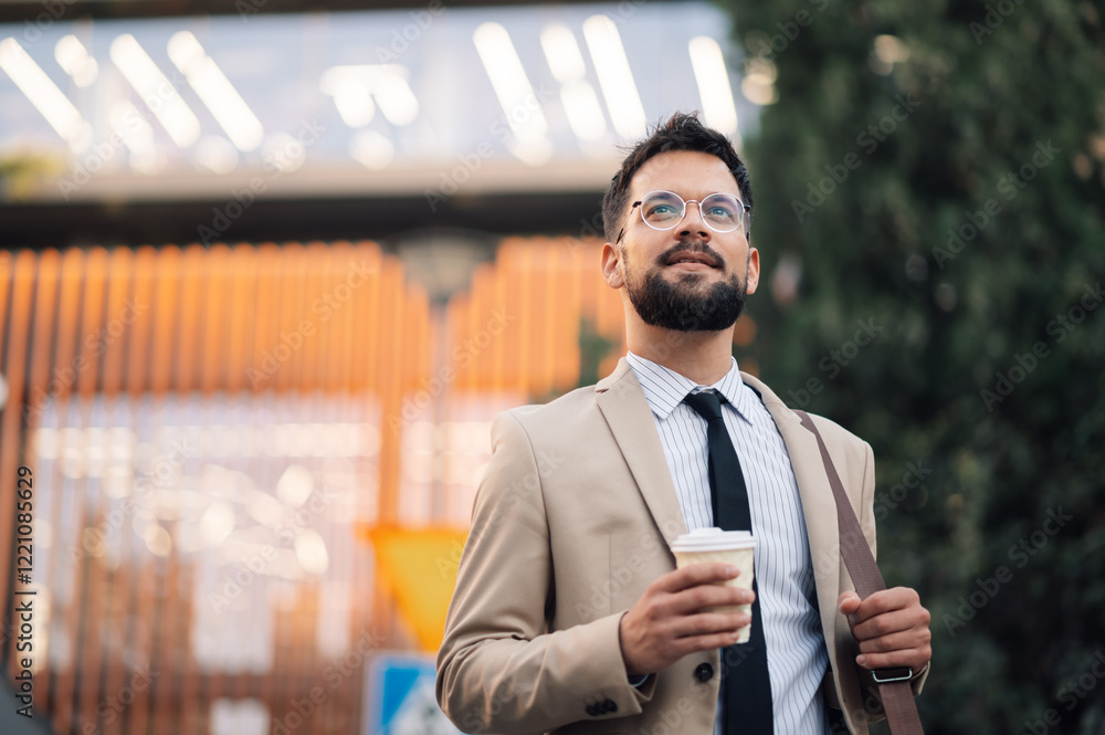 Naklejka premium Young businessman holding coffee to go and looking up in the air