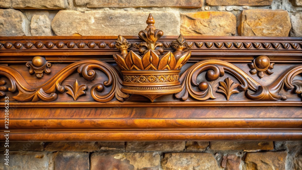 Intricate wooden crown moulding with ornate carvings and gilded details on a rustic stone wall, wooden accents, crown moulding Intricate wooden crown moulding with ornate carvings and gilded details on a rustic stone wall, wooden accents, crown moulding