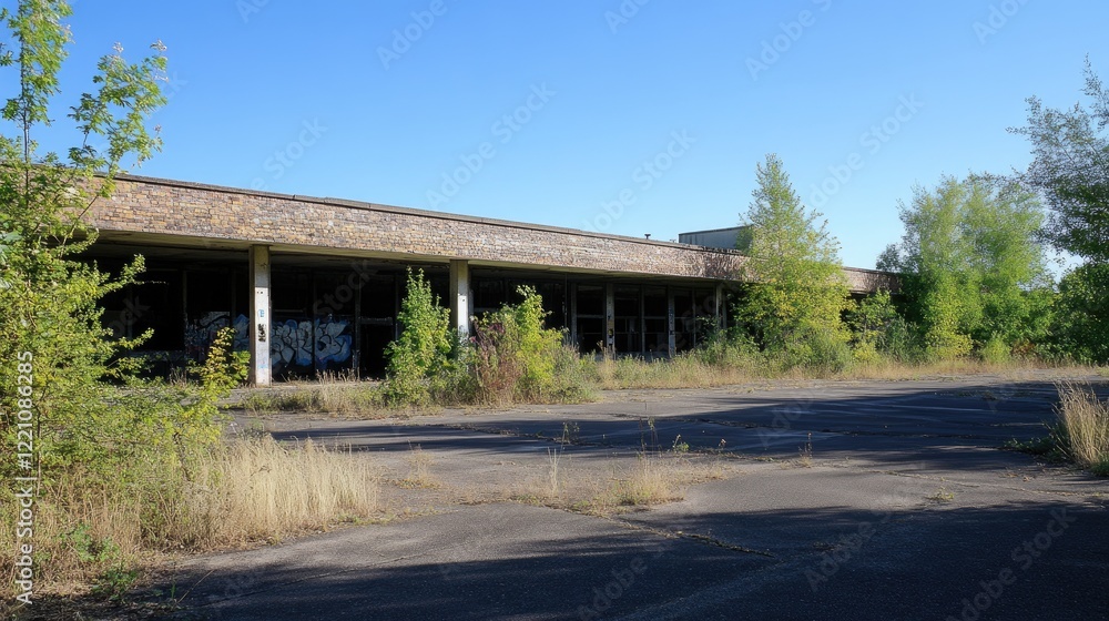 Overgrown Abandoned Building Under Sunny Skies Overgrown Abandoned Building Under Sunny Skies