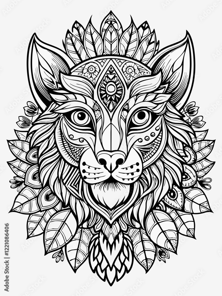 Fototapeta premium Animal Face Mandala Coloring Page for Adults, black and white, black line art, Isolated on white background
