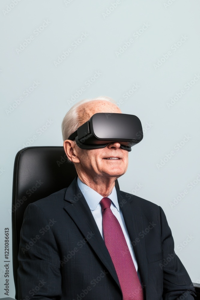Senior man enjoying virtual reality experience at office. Senior man enjoying virtual reality experience at office.