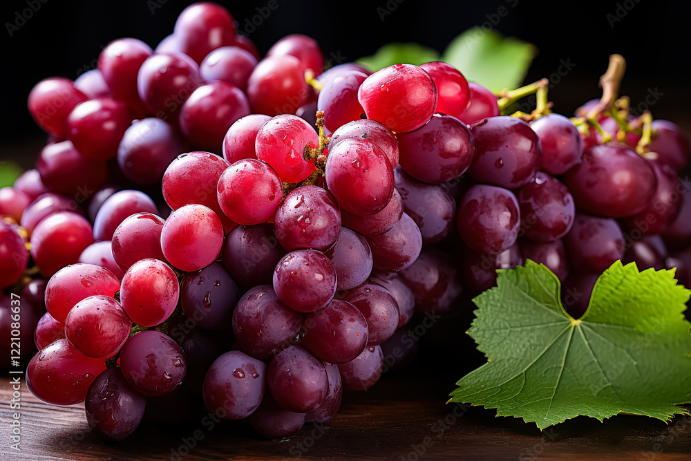 Fototapeta premium Bunch of red grapes with green leaves on top. The grapes are wet and shiny. Concept of freshness and abundance