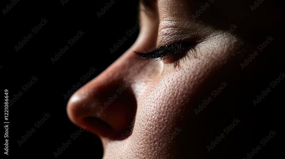 Close-up Profile of a Person's Face with Eyes Closed, Highlighting Skin Texture and Eyelashes in Dramatic Lighting Close-up Profile of a Person's Face with Eyes Closed, Highlighting Skin Texture and Eyelashes in Dramatic Lighting