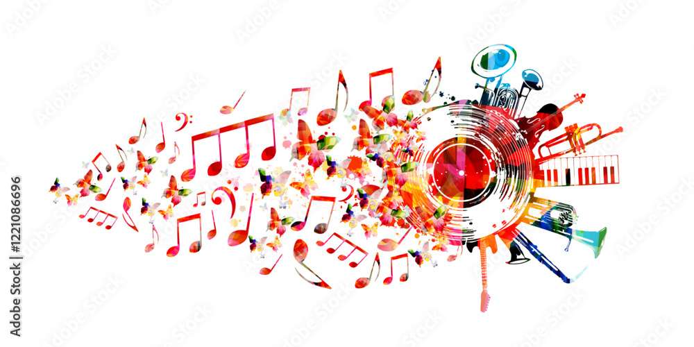 Obraz premium Music background with colorful music instruments and vinyl record disc vector illustration. Music festival poster with double bell euphonium, violoncello, trumpet, piano, euphonium, sax and guitar 