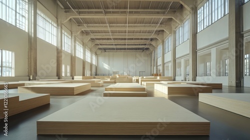 Large Industrial Space Filled With Wooden Platforms