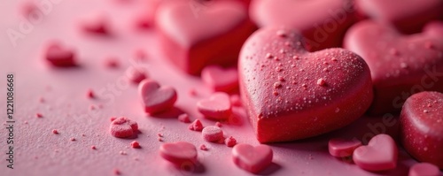 Heart-shaped chocolate candies, close-up shot, sweet treat, melting, treat