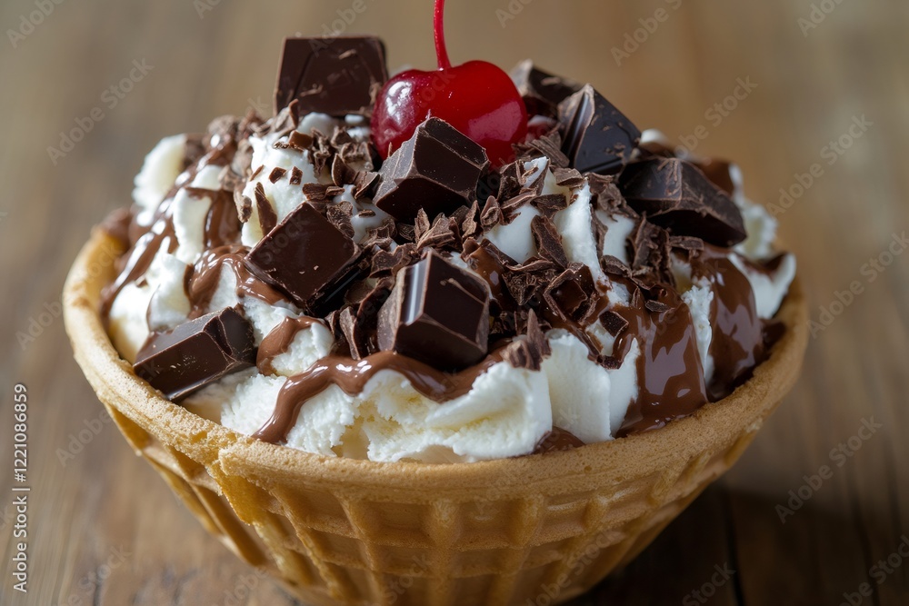 Ice cream with chocolate chunks and cherry topping served in waffle bowl Ice cream with chocolate chunks and cherry topping served in waffle bowl