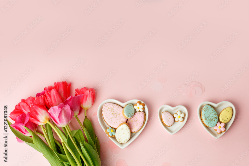 Happy Easter. Multi-colored pastel easter cookies gingerbread, seasonal flowers tulips on pink background. Easter concept, copy space, flyer, banner, coupon, greeting card, invitation