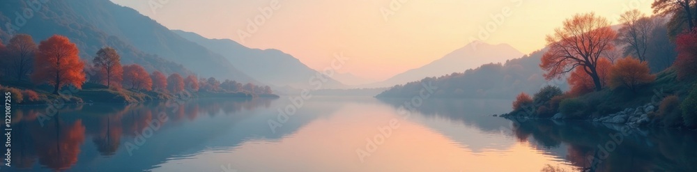 Fototapeta premium Gentle orange tones merge with soft blue hues in a serene lake landscape, , landscape