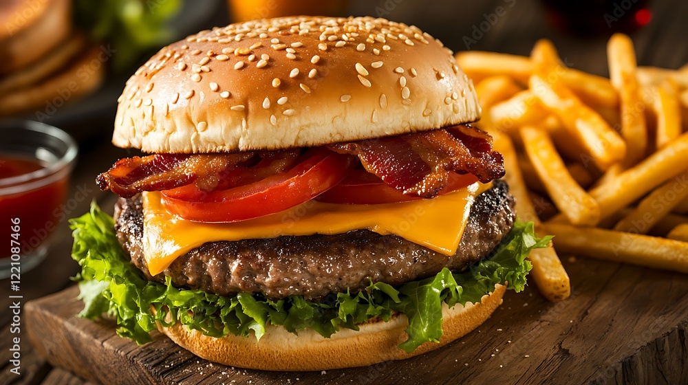 A gourmet burger with a sesame seed bun, lettuce, tomato, cheddar cheese, and crispy bacon, with fries on the side A gourmet burger with a sesame seed bun, lettuce, tomato, cheddar cheese, and crispy bacon, with fries on the side