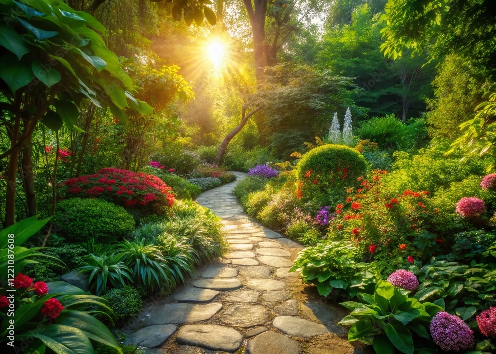 Winding Garden Path: Lush Greenery, Sunlight Dappled Pathway, Serene Nature Scene Winding Garden Path: Lush Greenery, Sunlight Dappled Pathway, Serene Nature Scene