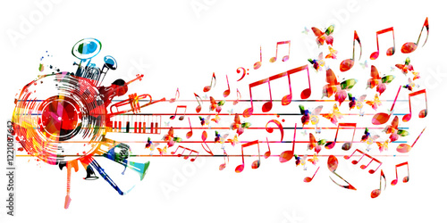 Music background with colorful music instruments and vinyl record disc vector illustration. Music festival poster with double bell euphonium, violoncello, trumpet, piano, euphonium, sax and guitar	