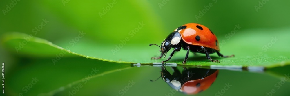 Fototapeta premium Ladybug on leaf, water reflection, vibrant colors, organic, clear, spots