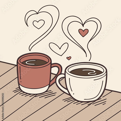 Two coffee mugs with heart-shaped steam ector illustration