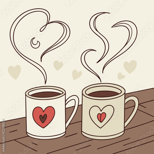 Two coffee mugs with heart-shaped steam ector illustration