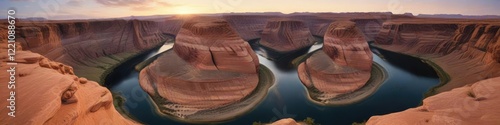 Horseshoe Bend illuminated by soft evening sun, natural light, canyon