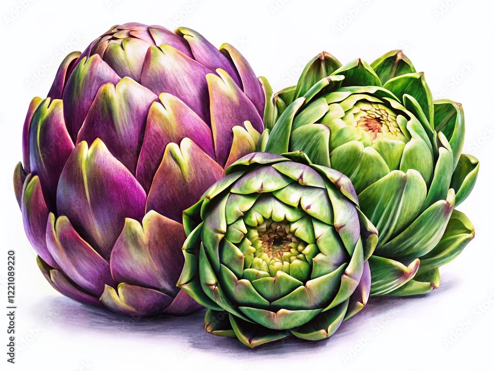 Obraz premium Vibrant Purple & Green Artichokes Close-up Watercolor Style - Fresh Produce Stock Photo