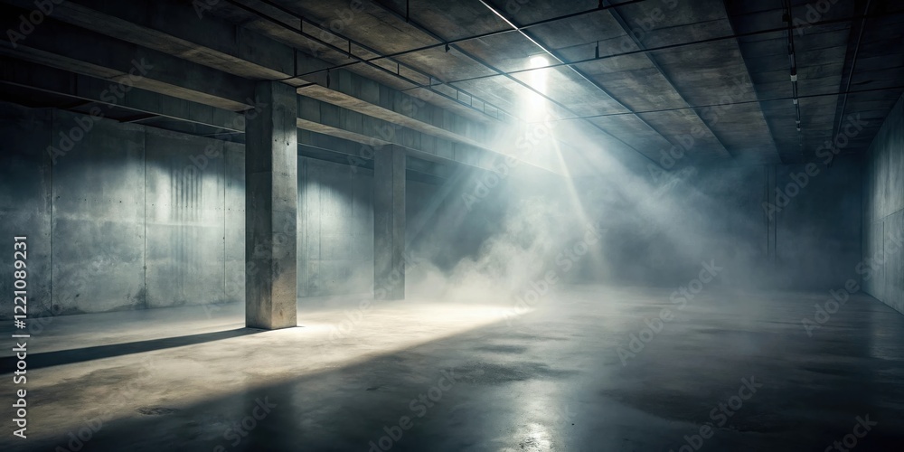 A Mystical Beam of Light Illuminates a Foggy, Industrial Space with Concrete Pillars and a Rough Concrete Floor