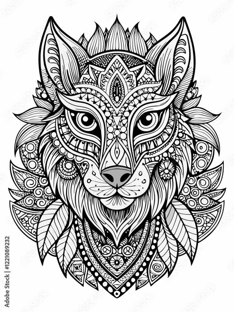 Fototapeta premium Animal Face Mandala Coloring Page for Adults, black and white, black line art, Isolated on white background
