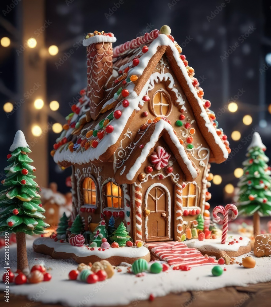 Fototapeta premium Holiday Christmas holidays background with gingerbread house and candy , festive food, holiday dessert, holiday decor