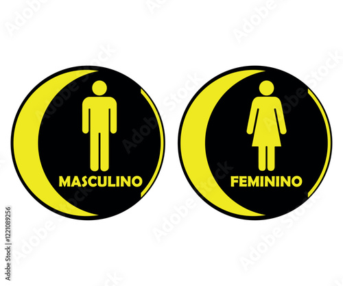 Placas Banheiro Redondas Com Meia Lua. Masculino e Feminino. Nos Tons Amarelo Com Fundo Preto.