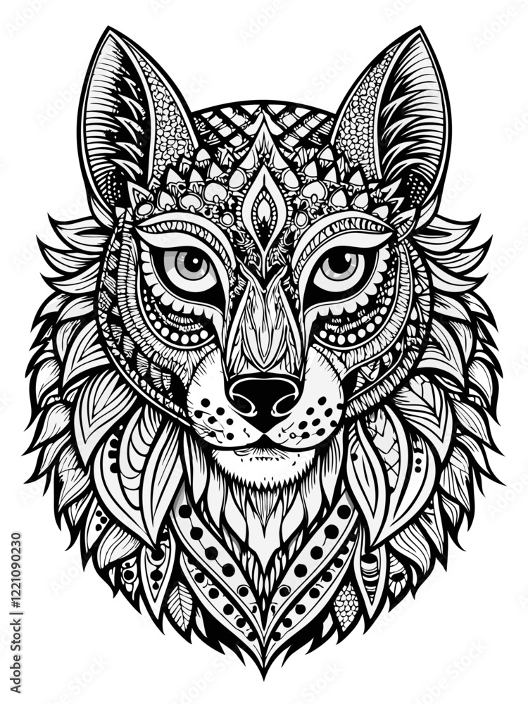 Obraz premium Animal Face Mandala Coloring Page for Adults, black and white, black line art, Isolated on white background