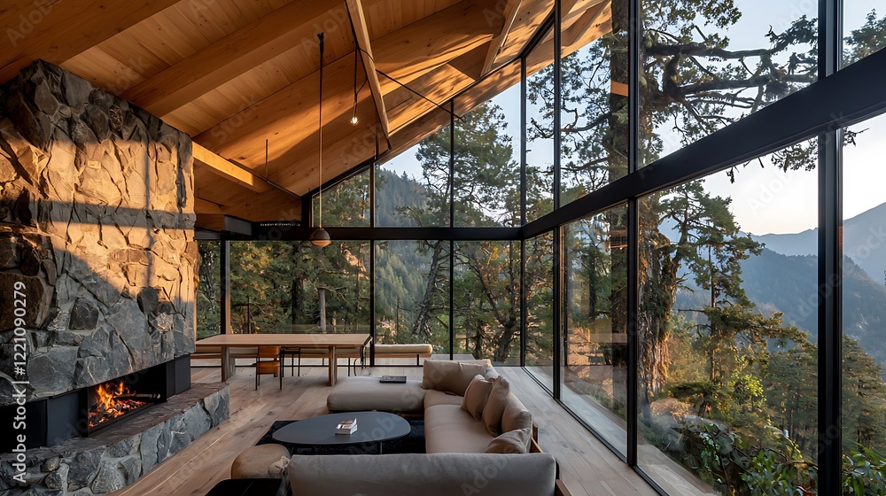 Fototapeta premium Mountain cabin living room sunset view; modern architecture design