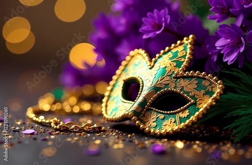 Purim mask, Mardi Gras, in traditional bright colors with decorative elements on a bright background is perfect for holiday cards photo